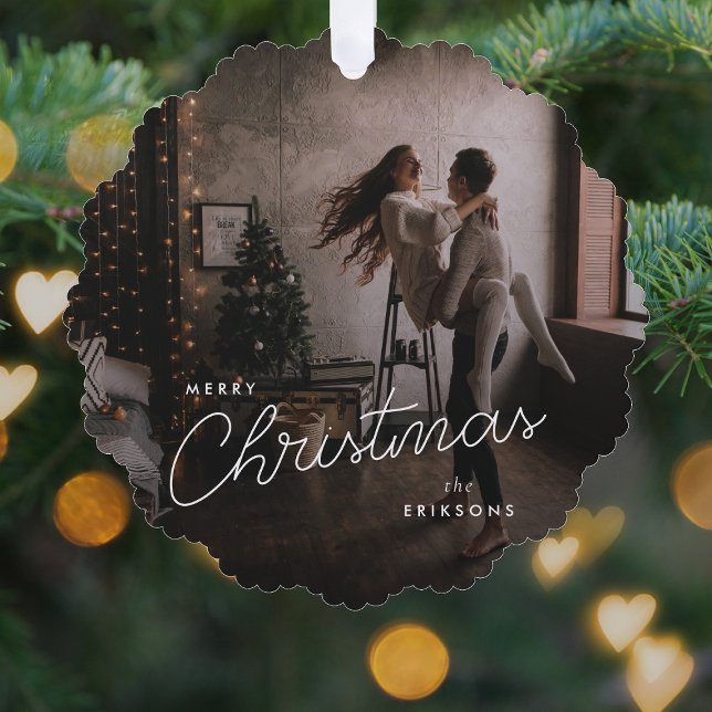 Carte Décorative Noël tendance moderne | Dark Dusky Couple Photo (Modern trendy couple ornament card by Guava, featuring white script over dark dusky photo design)