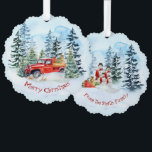 Carte Décorative Noël Vintage Camion Rouge Famille Snowman<br><div class="desc">Une belle scène d'hiver chaleureuse et cosy avec un camion rouge vintge chargé de cadeaux et un sapin de Noël qui vous apporte des voeux de Noël joyeux. Au dos,  une famille de bonhomme de neige envoie les salutations à vos amis.</div>