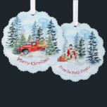 Carte Décorative Noël Vintage Camion Rouge Famille Snowman<br><div class="desc">Une belle scène d'hiver chaleureuse et cosy avec un camion rouge vintge chargé de cadeaux et un sapin de Noël qui vous apporte des voeux de Noël joyeux. Au dos,  une famille de bonhomme de neige envoie les salutations à vos amis.</div>