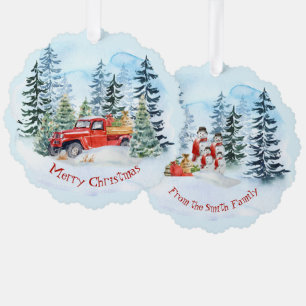 Carte Décorative Noël Vintage Camion Rouge Famille Snowman