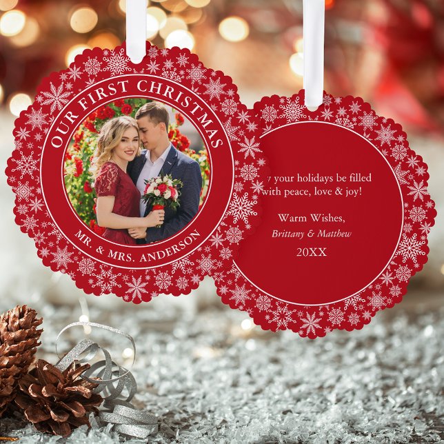 Carte Décorative Nos premiers Noël Couple Photo Feux de Neige Rouge (A greeting card that is also an ornament! Customize with your photo and personalized text.)