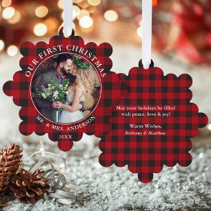 Carte Décorative Notre première photo de Noël Couple Rouge Plaid
