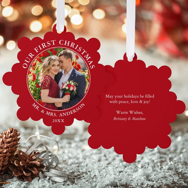 Carte Décorative Notre première photo en couple de Noël Rouge (A greeting card that is also an ornament! Customize with your photo and personalized text.)
