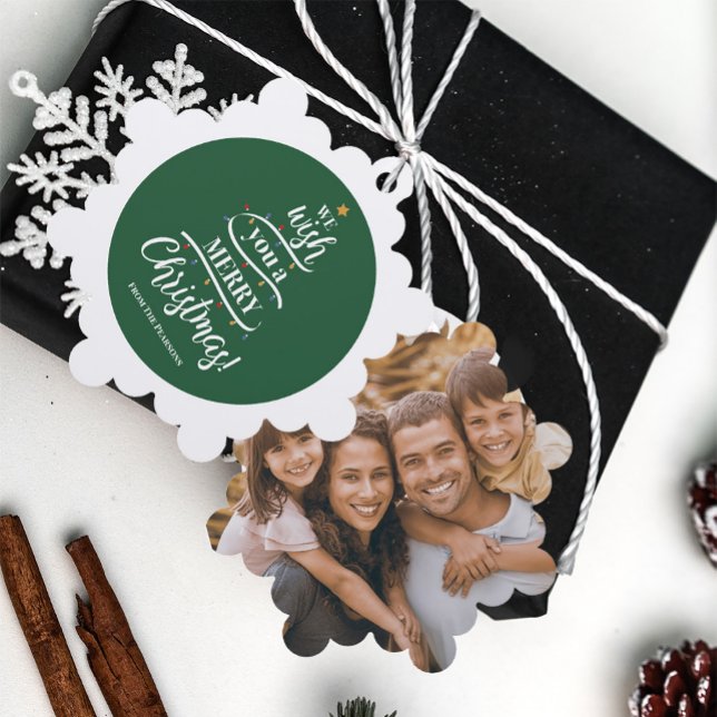 Carte Décorative Nous vous souhaitons un joyeux Noël Photo personna (Personalized Photo paper ornament, We wish you a Merry christmas holiday tree design, Green white )