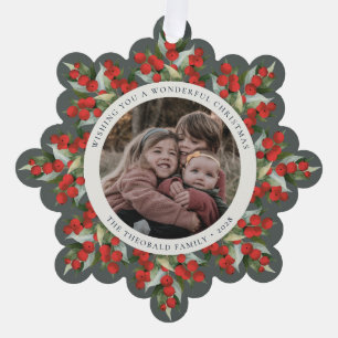 Carte Décorative Papier de Noël aux Baies Rouges et Verdure Gris-Ve
