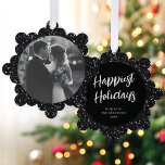 Carte Décorative Parties scintillant noire moderne élégant Photo No<br><div class="desc">Ces magnifiques cartes ornementales en papier présentent un élégant arrière - plan de parties scintillant faux noir. Sur le devant de la carte se trouve une simple forme de photo ronde. Au verso se trouve un script EDITABLE saluant en blanc avec votre texte dans une police serif classique. Ces ornements...</div>
