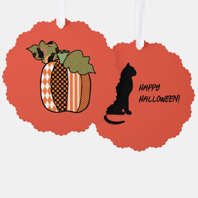 Carte Décorative Patchwork de chat noir Citrouille Halloween joyeux (Recto/Verso)