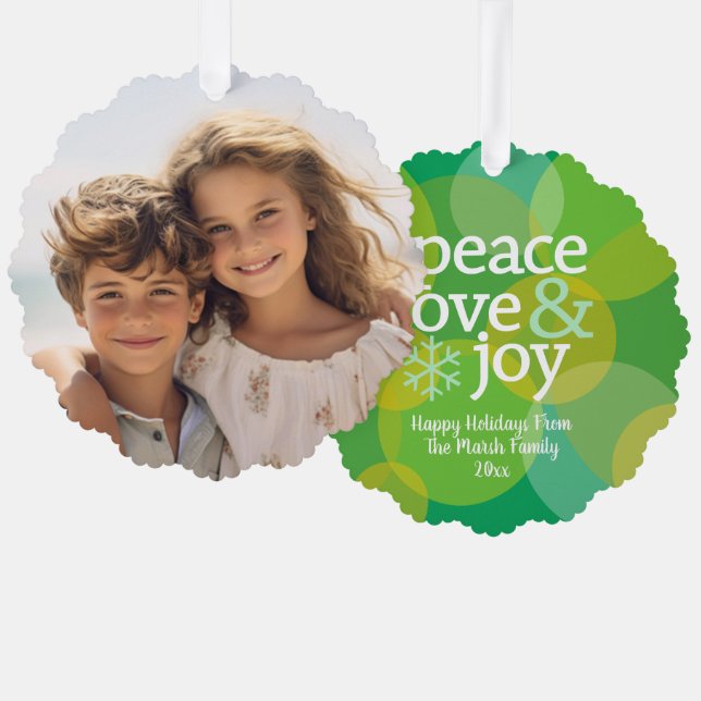 Carte Décorative Peace Love Joy Green Bokeh - Christmas Photo (Recto/Verso)