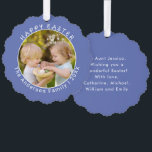 Carte Décorative Personalized Easter Photo Tag Springtime Blue<br><div class="desc">Add to your Easter decor with this custom photo ornament card. Designed in a soft blue botanical tone, matching spring flowers such as bluebells and delphiniums, the card features a delicate scalloped edge. The pretty card features your chosen photo on the front, with 'Happy Easter' greeting, name and year, and...</div>