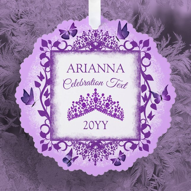 Carte Décorative Personalized Lilac Purple Tiara & Butterflies (purple lilac tiara and butterflies christmas tree ornament, custom message, personalized ornament)