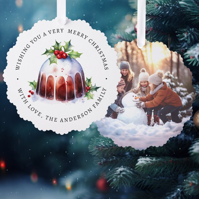 Carte Décorative Photo couleur d'aquarelle des baies de Noël (Christmas pudding holly berries watercolor photo ornament card)