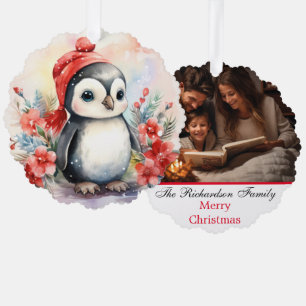 Carte Décorative Photo de famille Nom personnalisé Cute Penguin Noë
