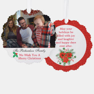 Carte Décorative Photo de famille nom personnalisé Noël rouge et ve