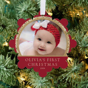 Carte Décorative Photo de Noël de bébé avec nom en rouge et or