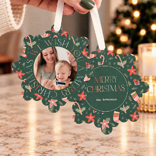 Carte Décorative Photo de Noël floral vert coloré rétro