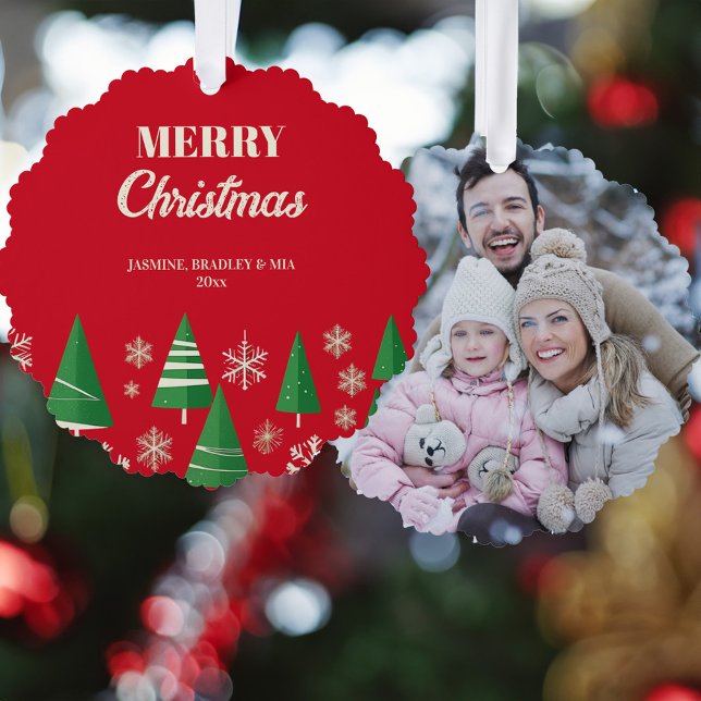 Carte Décorative Photo Joyeux Noël rouge vert rétro arbres (Photo Merry Christmas red green retro trees Ornament greeting Card modern photo Christmas greetings)