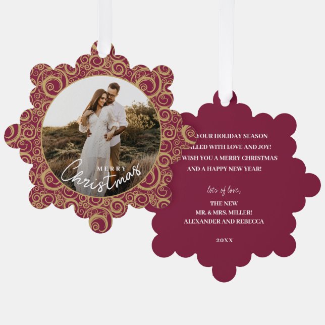 Carte Décorative Photo mariage sur Gold Swirl Cranberry Noël (Recto/Verso)