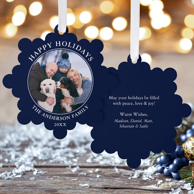 Carte Décorative Photo moderne Blue Happy Holidays (A greeting card that is also an ornament! Customize with your photo and personalized text.)