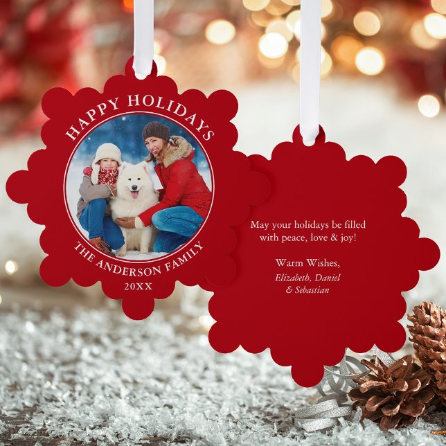 Carte Décorative Photo moderne Red Happy Holidays (A greeting card that is also an ornament! Customize with your photo and personalized text.)