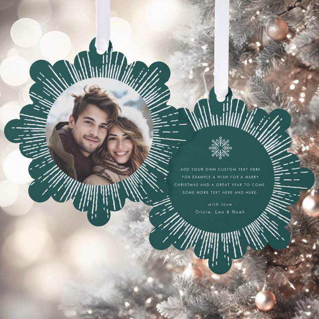 Carte Décorative Photo retro sunburst pin vert Noël (Photo retro sunburst pine green Christmas Ornament Card)
