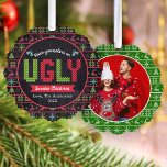 Carte Décorative Photo Ugly Sweet Noël Chalkboard Holiday<br><div class="desc">"Ayez un vilain Noël en pull." Célébrez la saison des fêtes dans le "style" avec cette carte unique et amusante papier ornement! Mignons, des arbres caprices, des rennes, des ornements, et une typographie "pull-over" ludique en rouge, vert et bleu aqua, recouvrent un arrière - plan de tableau noir sur le...</div>