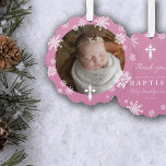 Carte Décorative Pink Snowflakes Photo Hiver Baptême Merci<br><div class="desc">Beau baptême d'hiver merci ornements en rose avec des flocons de neige,  une croix blanche,  et une photo de votre bébé.</div>
