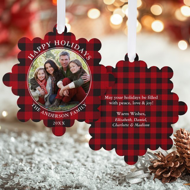 Carte Décorative Red Plaid Rustic Happy Holidays Photo (A greeting card that is also an ornament! Customize with your photo and personalized text.)