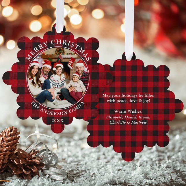 Carte Décorative Red Plaid Rustique Joyeux Noël Photo (A greeting card that is also an ornament! Customize with your photo and personalized text.)