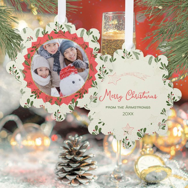 Carte Décorative Red Star Winter Photo Keepsaké de Noël (Red Star Winter Photo Christmas Keepsake Ornament Card ©Susanne Sachers - Sunny Mind 🌞)