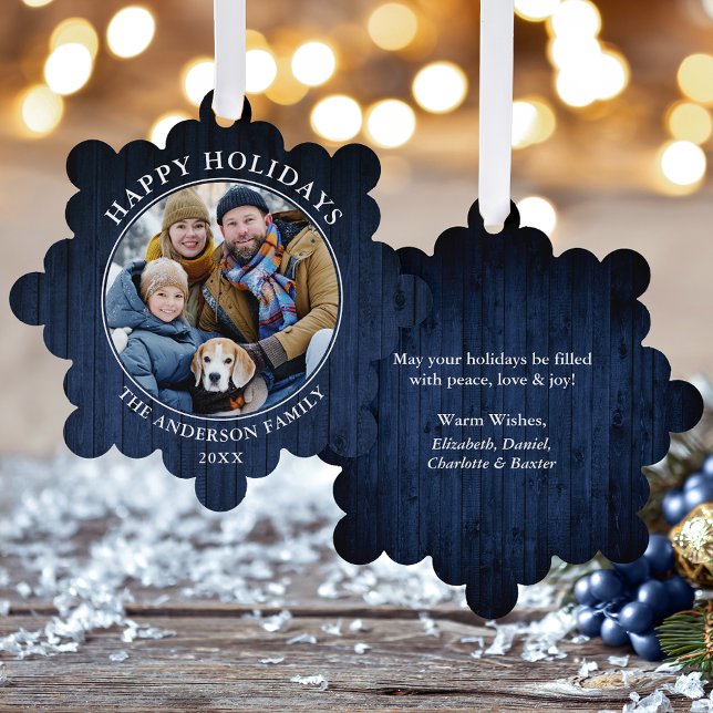 Carte Décorative Rustic Happy Holidays Blue Wood Print (A greeting card that is also an ornament! Customize with your photo and personalized text.)