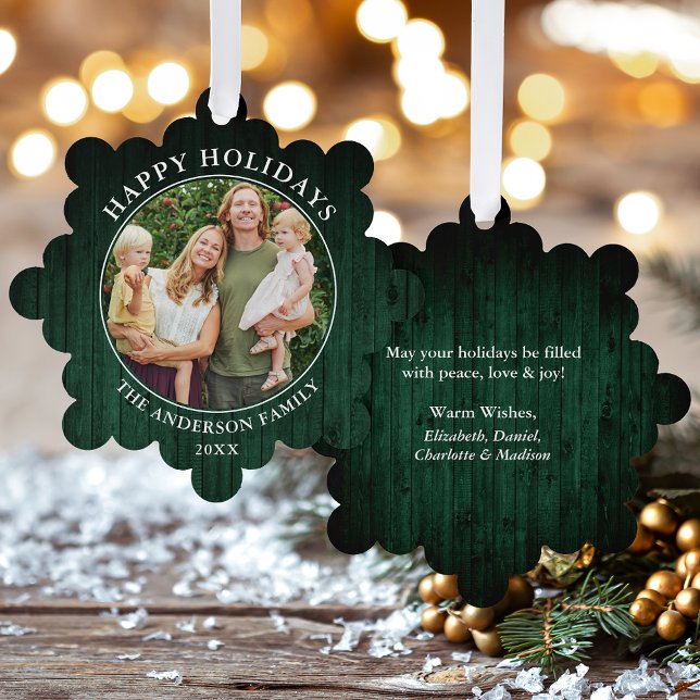 Carte Décorative Rustic Happy Holidays Green Wood Print (A greeting card that is also an ornament! Customize with your photo and personalized text.)
