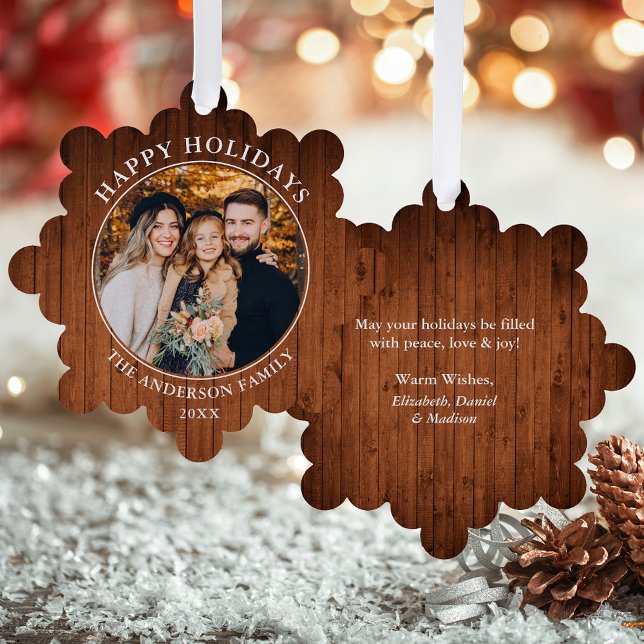 Carte Décorative Rustic Happy Holidays Photo (A greeting card that is also an ornament! Customize with your photo and personalized text.)