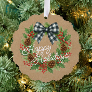 Carte Décorative Rustique Holly Wreath Blanc Noir À damiers Bow