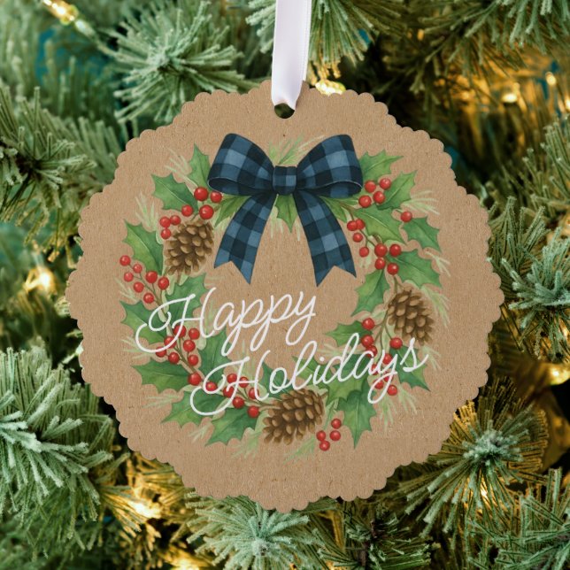 Carte Décorative Rustique Holly Wreath Bleu Noir À damiers Bow (Insitu (Arbre))