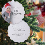 Carte Décorative Script de superposition photo Baby First Christmas<br><div class="desc">Baby First Christmas Photo Overlay Script Ornament. Le premier Noël de votre bébé est très spécial, et cette carte et ornement tout-en-un pratique, a une photo de votre nouvelle arrivée, nom et année, avec le premier Noël dans un script stylé, et votre message et vos noms sur le dos, prêt...</div>