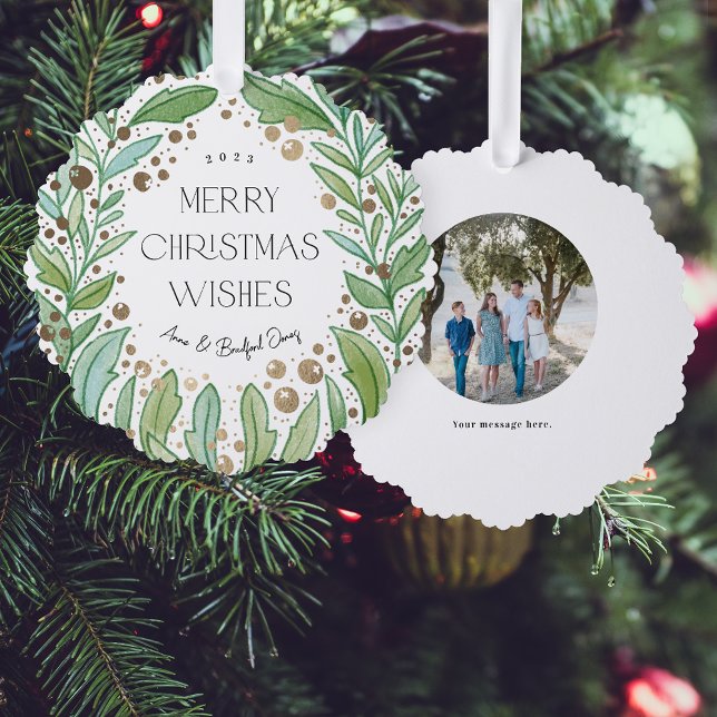 Carte Décorative Serre verte blanche Joyeux Noël (roundish ornament card with white background with green leaves and faux gold foil berries)