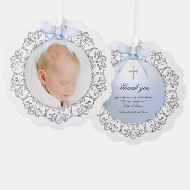 Carte Décorative Silver Glitter Frame Blue Bow Baptism Thank You (Recto/Verso)
