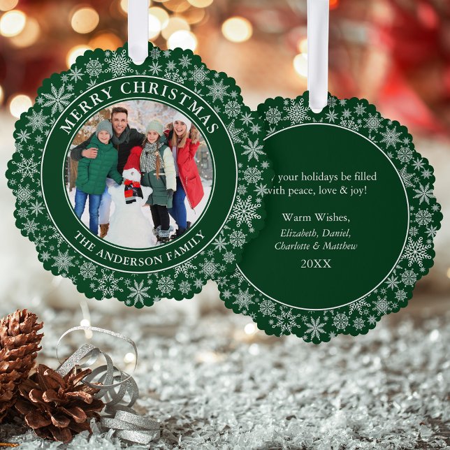 Carte Décorative Snowflakes vert Joyeux Noël Photo (A greeting card that is also an ornament! Customize with your photo and personalized text.)