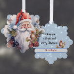 Carte Décorative Snowy Santa Clause et Bird Watercolor Nom du regar<br><div class="desc">Ce design présente un look d'aquarelle à l'ancienne Père Noël, avec des oiseaux et des flocons de neige au-dessus de lui, et un joli oiseau couronné regardant sur. Sur le dos, la carte contient le texte personnalisable, "Wishing You a Joyeux Christmas", avec des flocons de neige, un autre oiseau, et...</div>