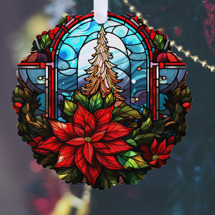 Carte Décorative Style de verre tendu Arbre de Noël et Poinsettia