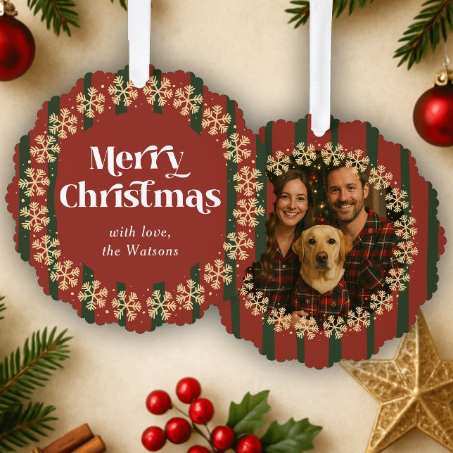 Carte Décorative Vintage Rouge Vert Plaid Motif famille Photo Noël (Vintage stripe plaid pattern Merry Christmas paper ornament card with a custom photo)