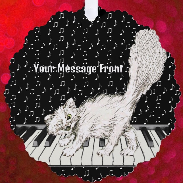 Carte Décorative Winking White Cat Walking on Piano Music Notes (Winking white cat walking on piano keys on black and white ornament card with music notes.)