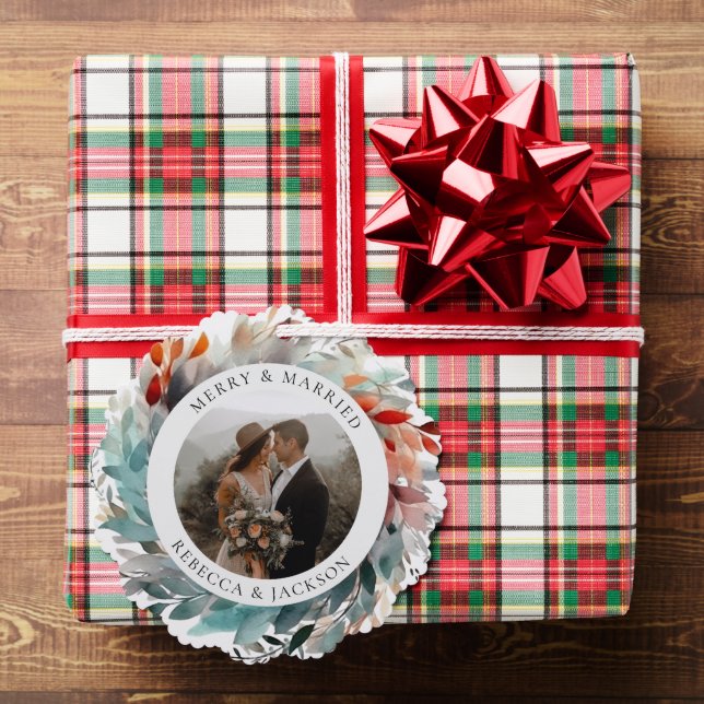 Carte Décorative Wreath de Noël moderne | Photo mariée et joyeuse (Insitu (Cadeau))