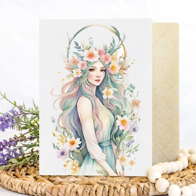 Carte Déesse des fleurs Ostara Sabbat de l'équinoxe de p (Flower Goddess Ostara Spring Equinox Sabbat Card by Pagan Holidays)