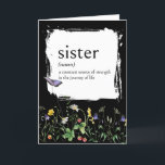 Carte Définition De Dictionnaire Pour SISTER Avec Fleur<br><div class="desc">Définition de dictionnaire blanc gras pour une SOEUR sur le noir avec une bordure fleur sauvage et un papillon violet pour l'anniversaire d'une soeur. La couleur arrière - plan peut être modifiée.</div>
