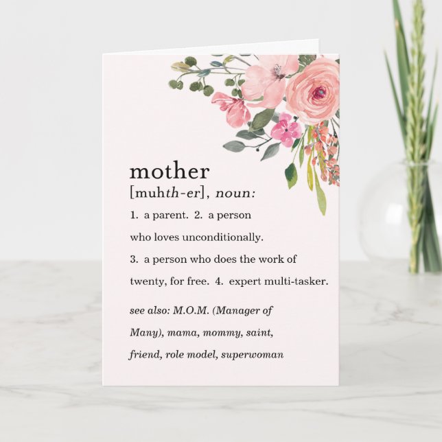 Carte Définition de Mère Florale Rose, Fête des Mères (Devant)