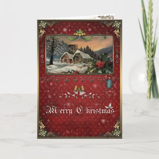 Carte d'élégance de Noël, Village d'hiver et Holly (Devant)