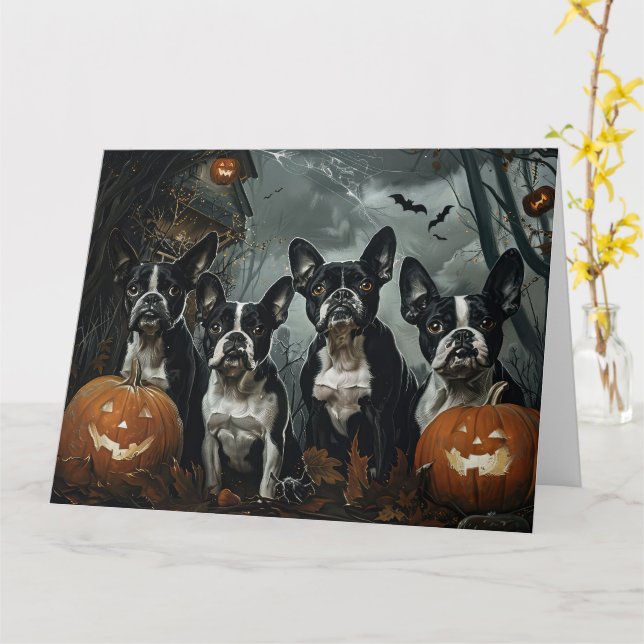Carte Délice de nuit d'Halloween pour chien Boston Terri (Fleur jaune)