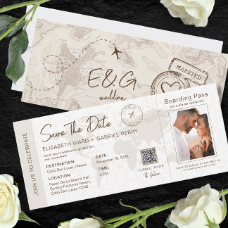 Carte d'embarquement beige Mariage de voyage Code 