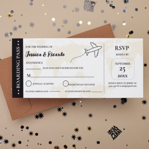 Carte d'embarquement beige mariage RSVP boîtier